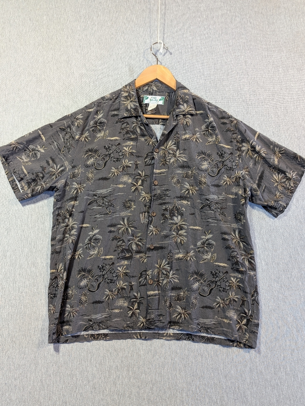 Vintage Two Palms Hawaiian Shirt Men's Large Gray Palm Trees 100% Rayon